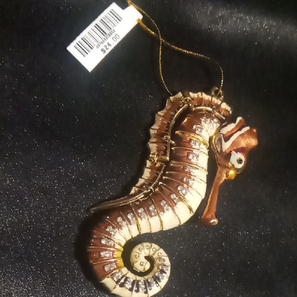 Rhinestone Brown and Cream Seahorse Ornament. Flexible